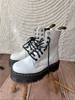 Dr. Martens White Lace-Up Platform Combat Boots with Black Laces